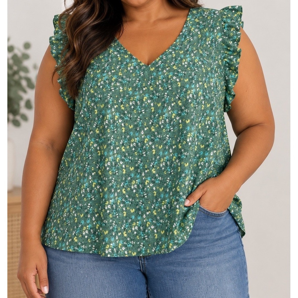 Ana A New Approach Womens Floral Sleeveless Blouse Sz 4X Green Ruffle Gauzy Y2K